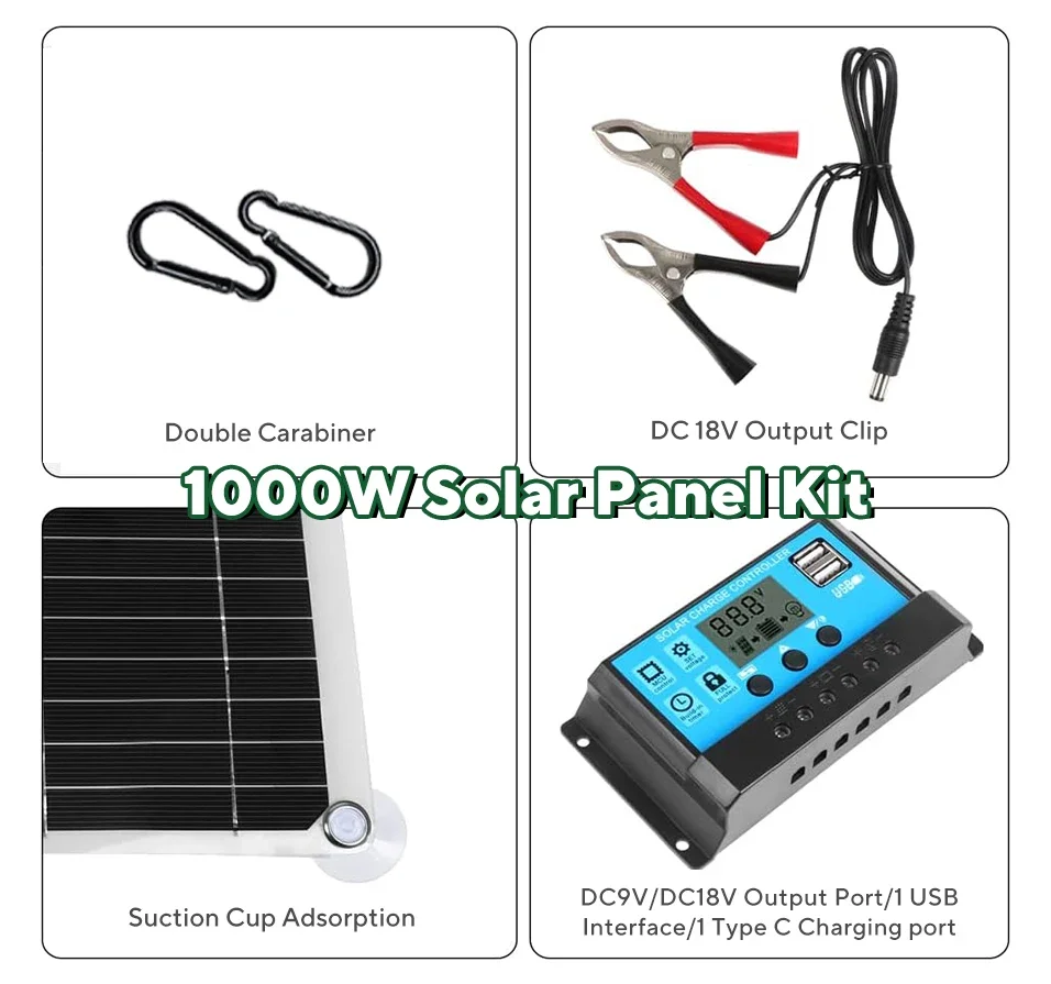 1000W Solar Panel Kit,12V Sola - Usb Charger Dynamo recension och pris